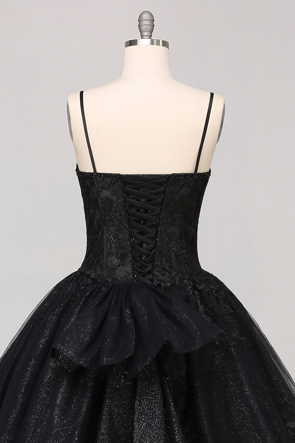 Spaghetti Straps Black Tulle Ball Gown Applique Quinceanera Dress