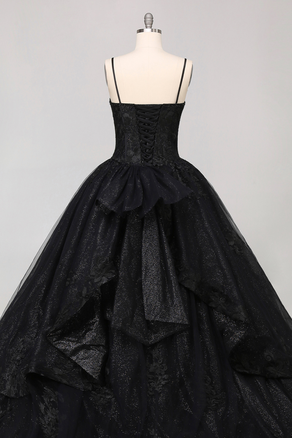 Spaghetti Straps Black Tulle Ball Gown Applique Quinceanera Dress