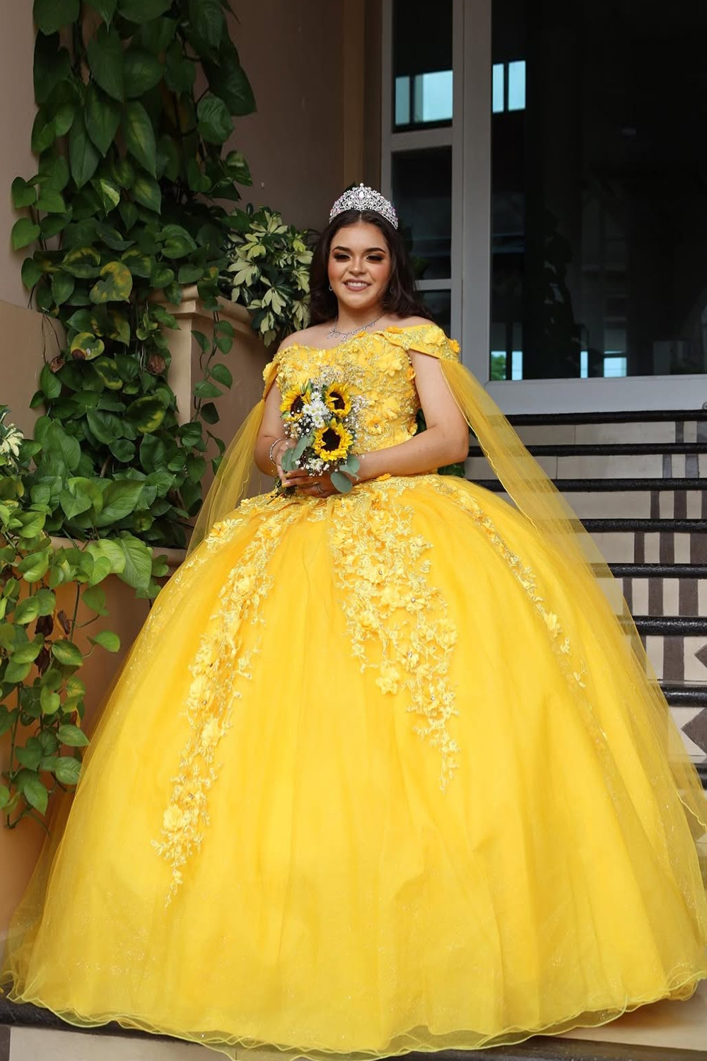 Yellow Tulle Off the Shoulder Ball Gown Applique Quinceanera Dress with Cape