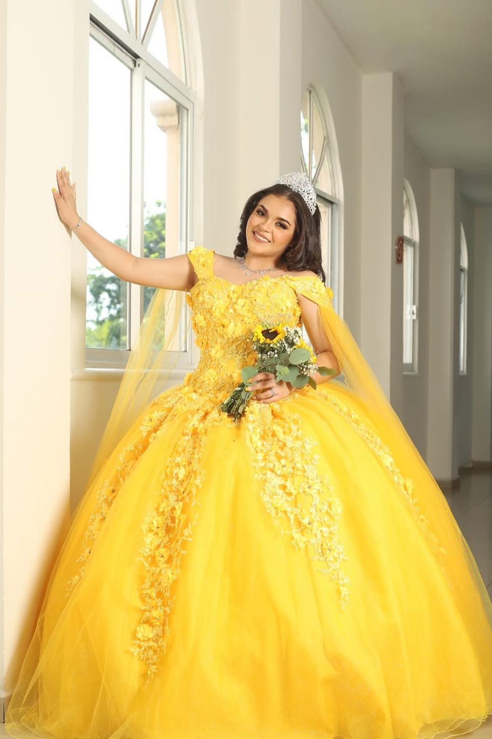 Yellow Tulle Off the Shoulder Ball Gown Applique Quinceanera Dress with Cape