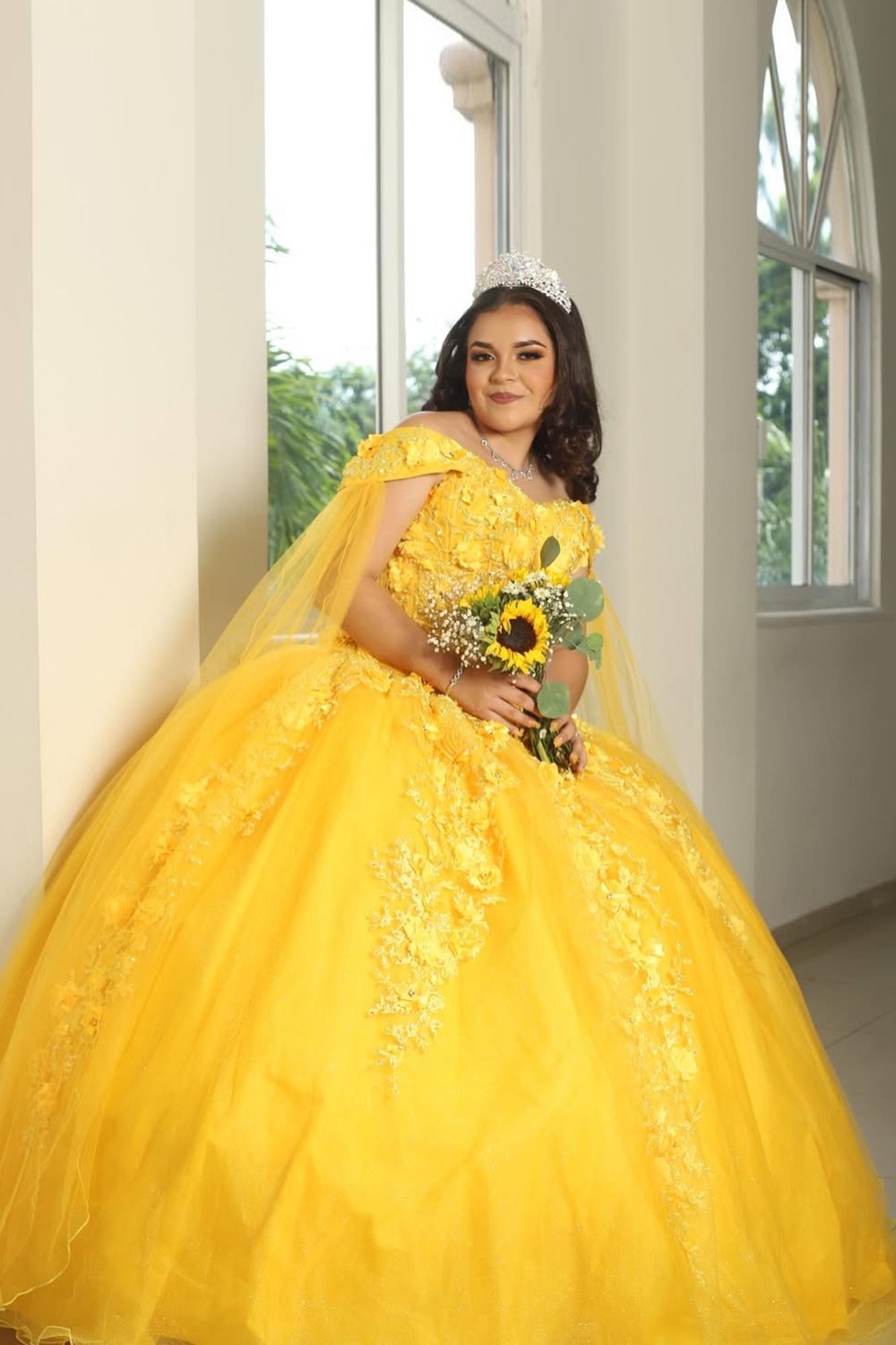 Yellow Tulle Off the Shoulder Ball Gown Applique Quinceanera Dress with Cape