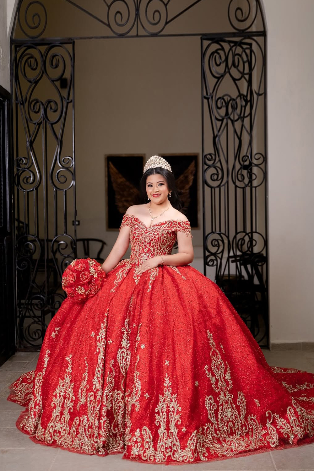 Sparkly Red Off the Shoulder Ball Gown Applique Quinceanera Dress