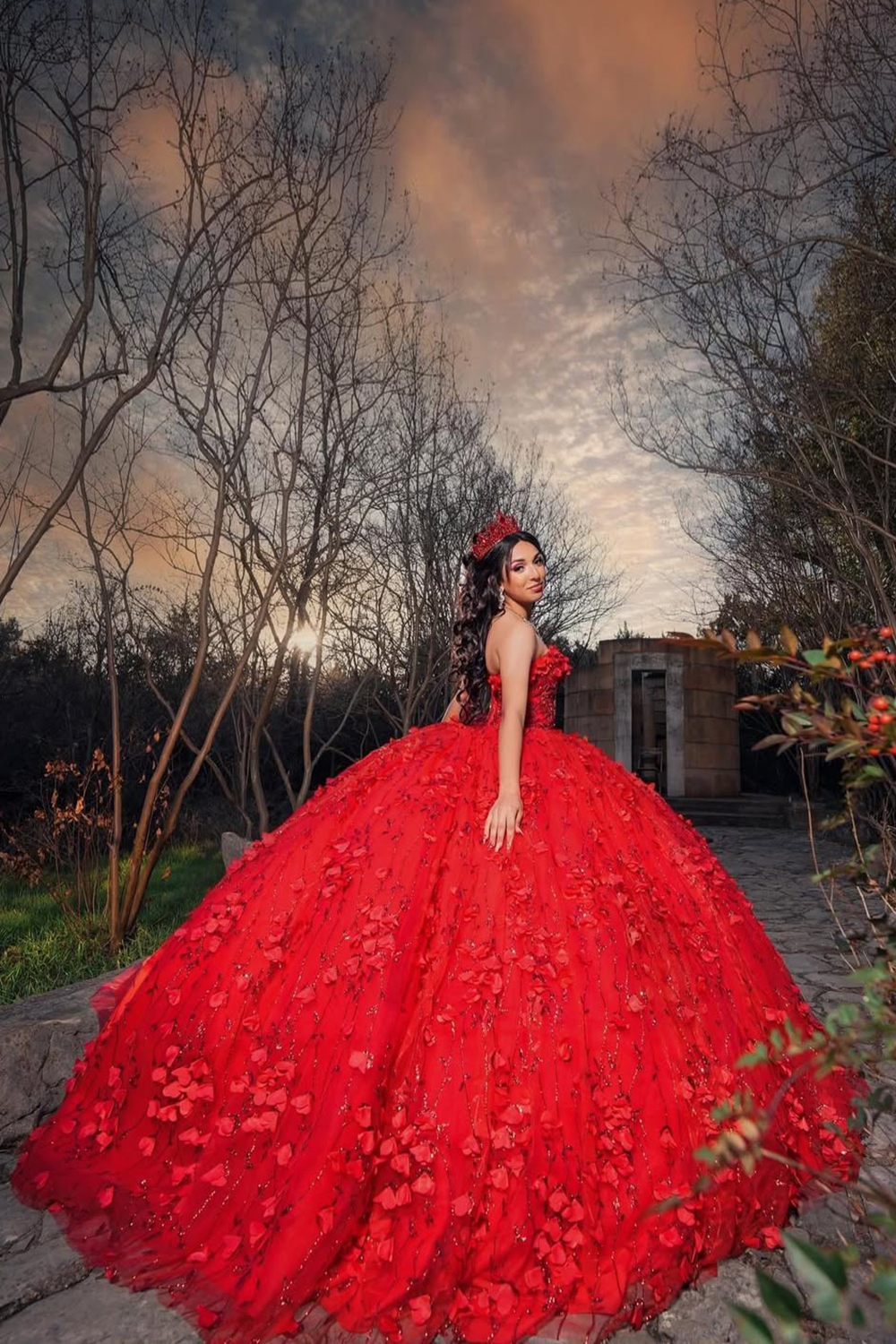 Sparkly Red Ball Gown Strapless Beaded Flowers Tulle Quinceanera Dress