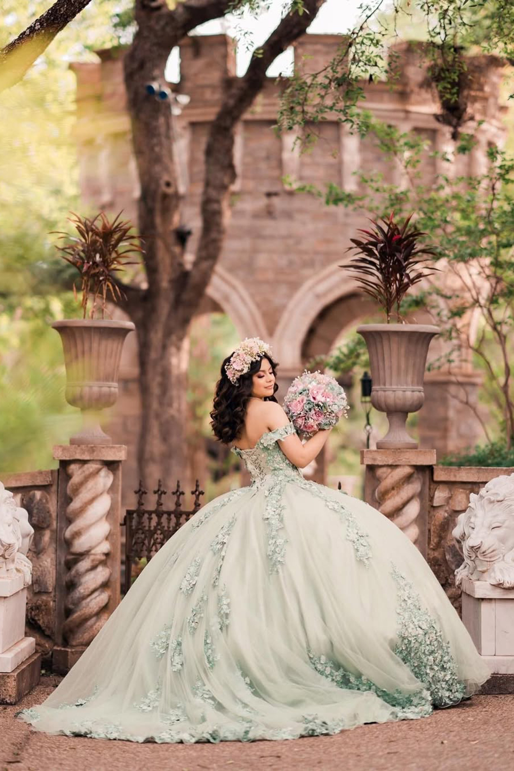 Dusty Sage Off the Shoulder Princess Applique Tulle Quinceanera Dress