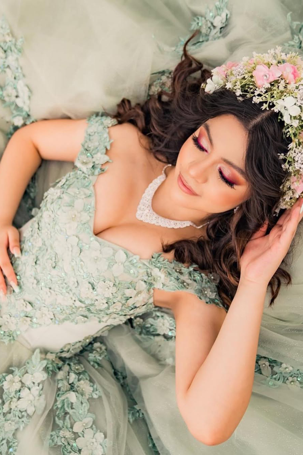 Dusty Sage Off the Shoulder Princess Applique Tulle Quinceanera Dress