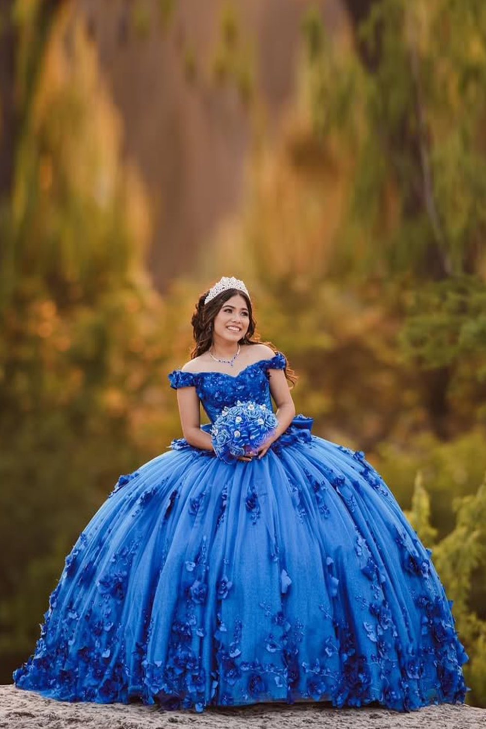 Sparkly Royal Blue Ball Gown Off the Shoulder 3D Flowers Tulle Quinceanera Dress