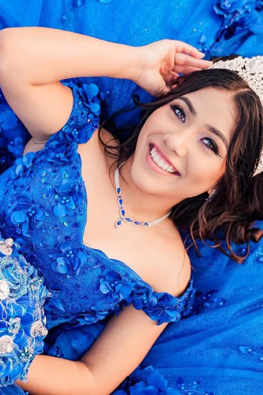 Sparkly Royal Blue Ball Gown Off the Shoulder 3D Flowers Tulle Quinceanera Dress