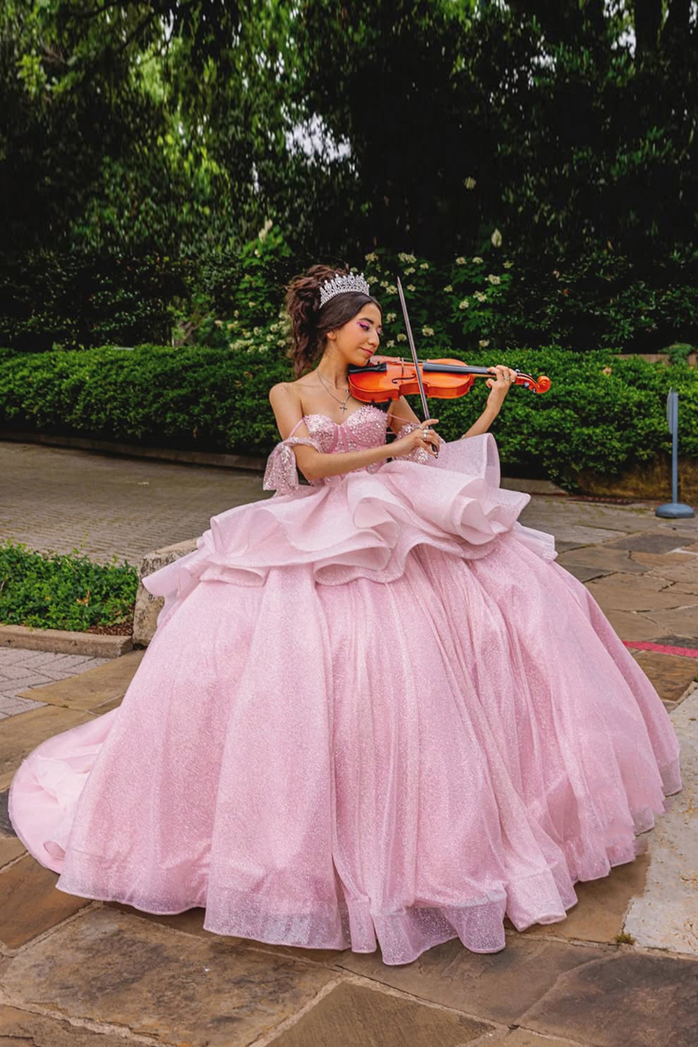 Sparkly Candy Pink Ball Gown Off the Shoulder Ruffles Beading Quinceanera Dress with Bow