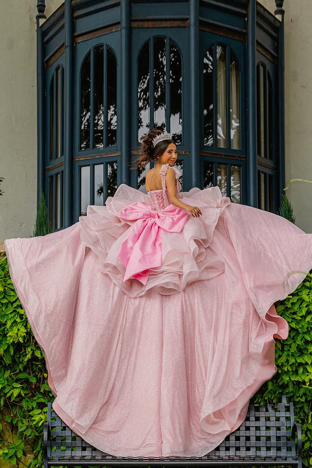 Sparkly Candy Pink Ball Gown Off the Shoulder Ruffles Beading Quinceanera Dress with Bow