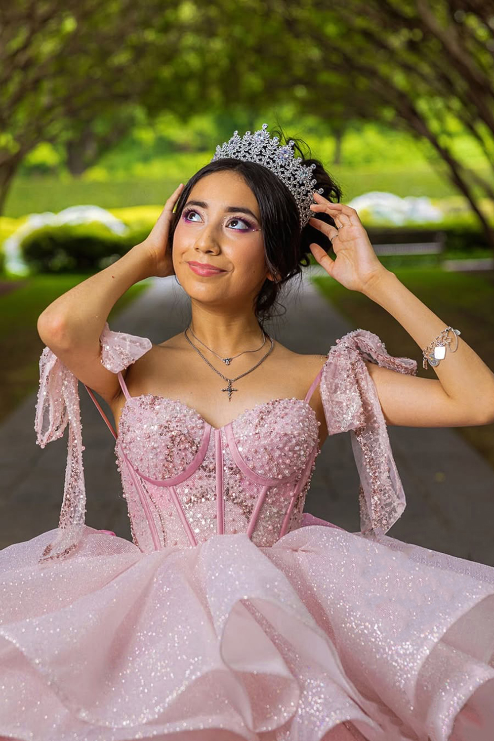 Sparkly Candy Pink Ball Gown Off the Shoulder Ruffles Beading Quinceanera Dress with Bow