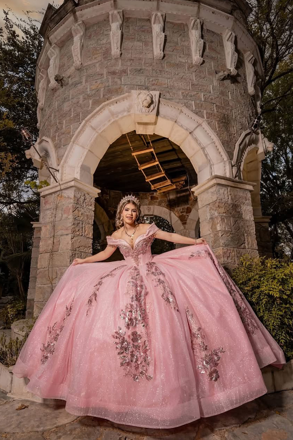 Sparkly Blush Pink Sequin Off the Shoulder Princess Applique Quinceanera Dress with Train