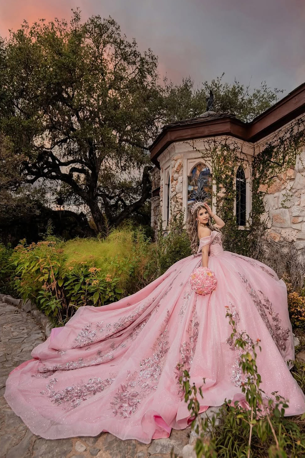 Sparkly Blush Pink Sequin Off the Shoulder Princess Applique Quinceanera Dress with Train