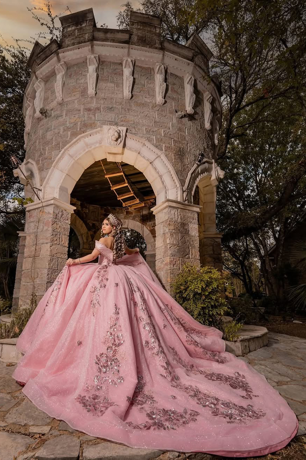 Sparkly Blush Pink Sequin Off the Shoulder Princess Applique Quinceanera Dress with Train