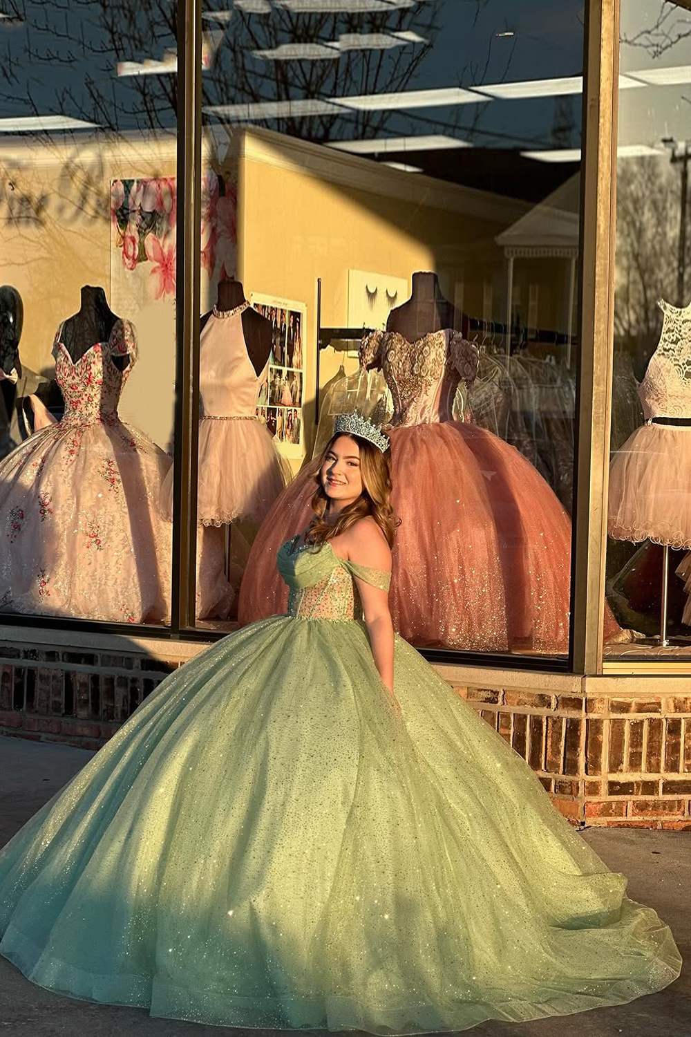 Sparkly Sage Ball Gown Off the Shoulder Sequins Tulle Quinceanera Dress