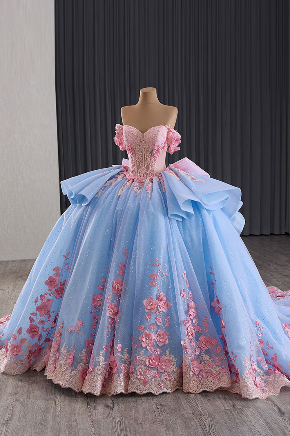 Blue Off the Shoulder Princess Beaded Applique Quinceanera Dress with Pink Bow