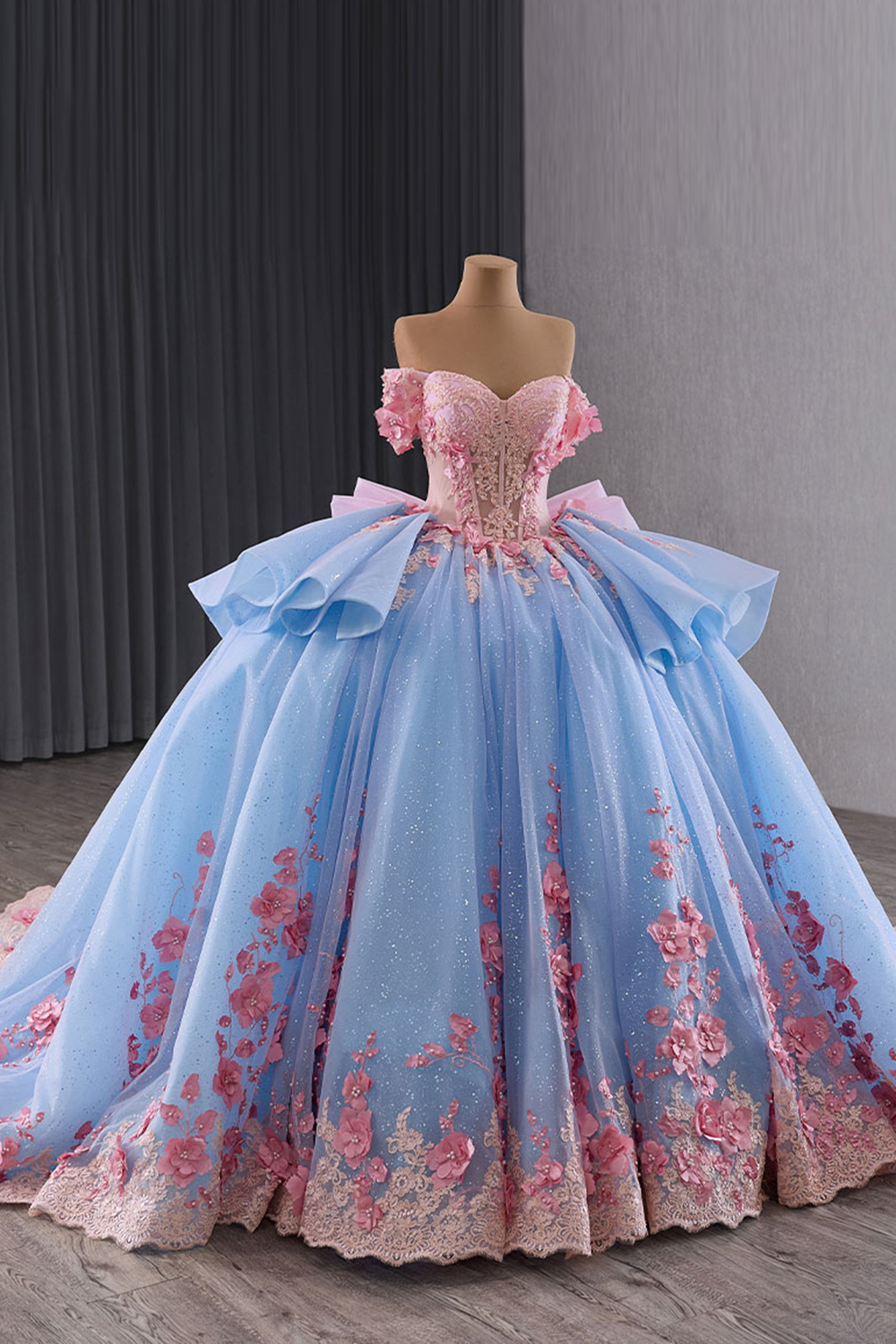 Blue Off the Shoulder Princess Beaded Applique Quinceanera Dress with Pink Bow