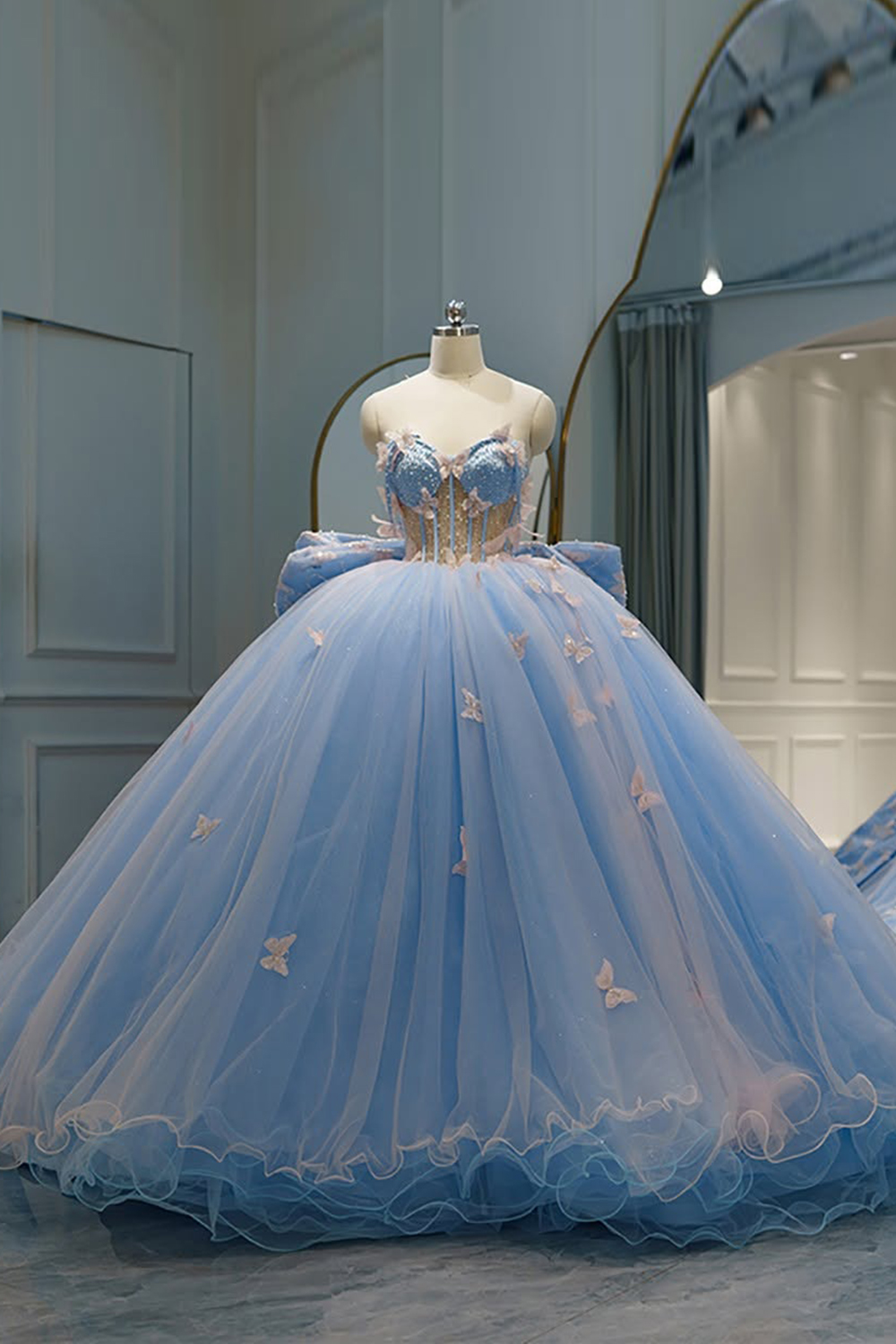 Princess Sky Blue Ball Gown Strapless Butterflies Tulle Quinceanera Dress with Bow