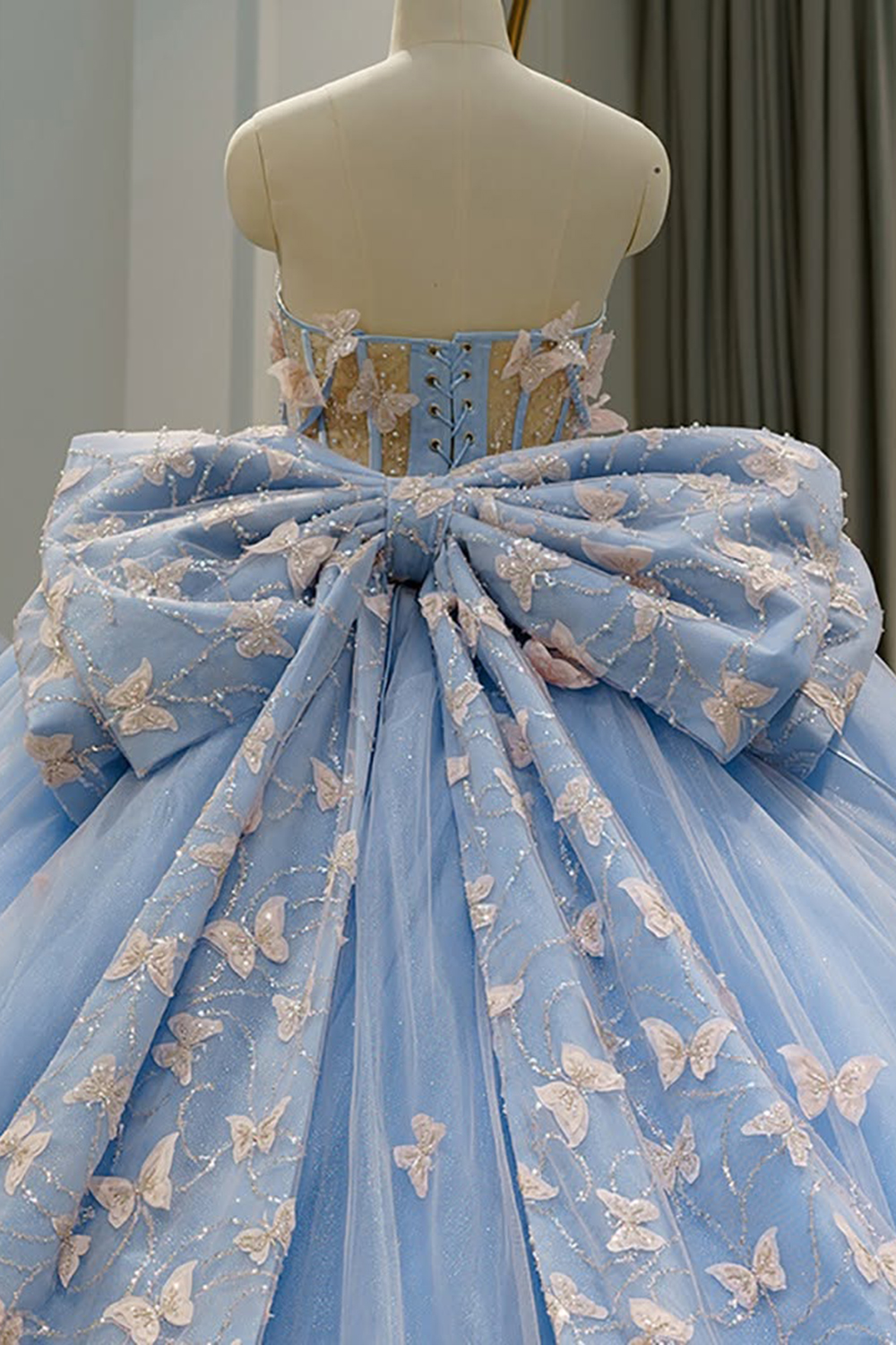 Princess Sky Blue Ball Gown Strapless Butterflies Tulle Quinceanera Dress with Bow
