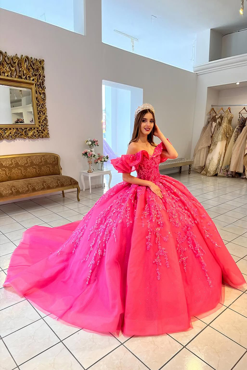 Sparkly Hot Pink Ball Gown Ruffle Off the Shoulder Tulle Quinceanera Dress with Sequined Appliques