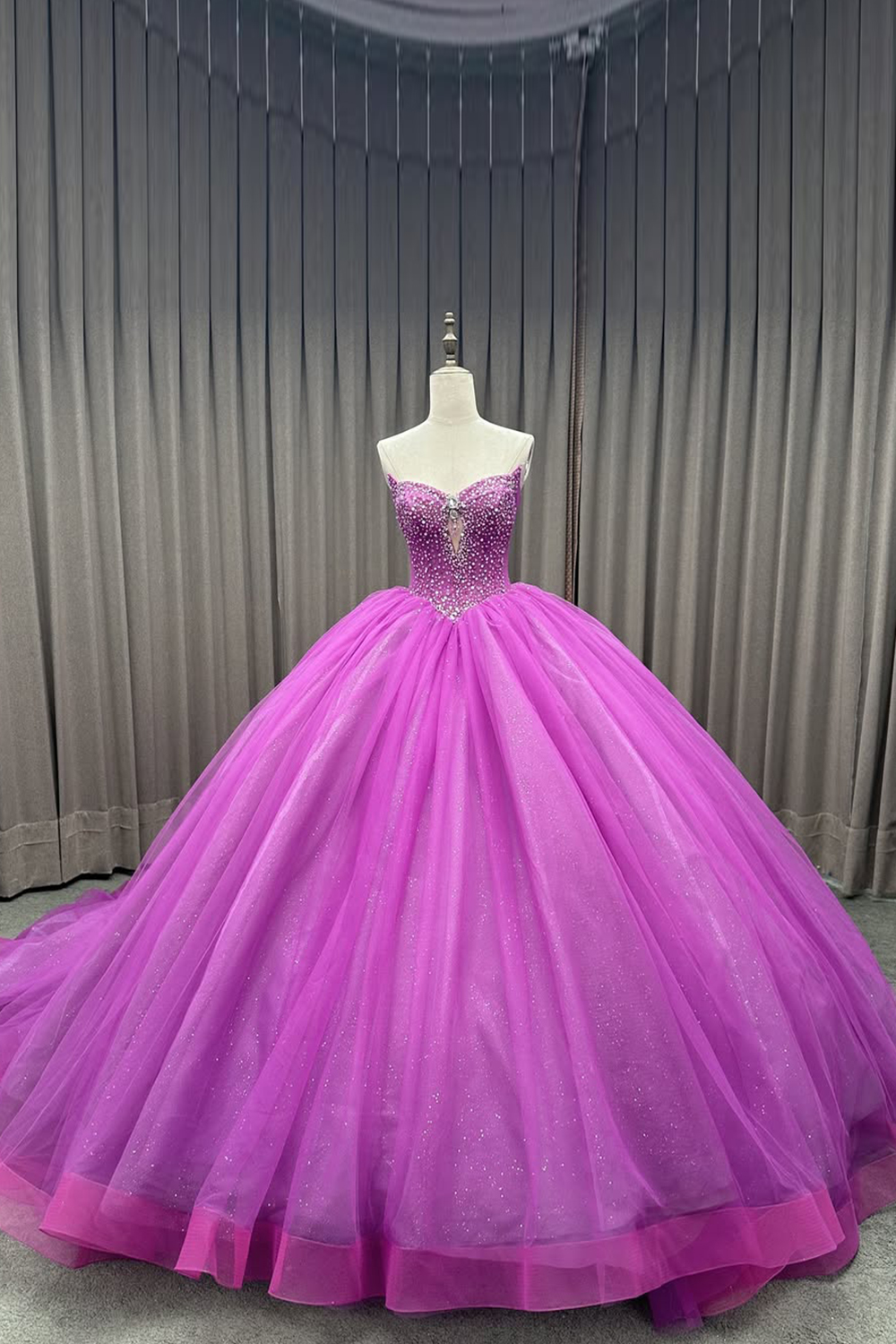 Sparkly Fuchsia Ball Gown Strapless Beaded Tulle Quinceanera Dress
