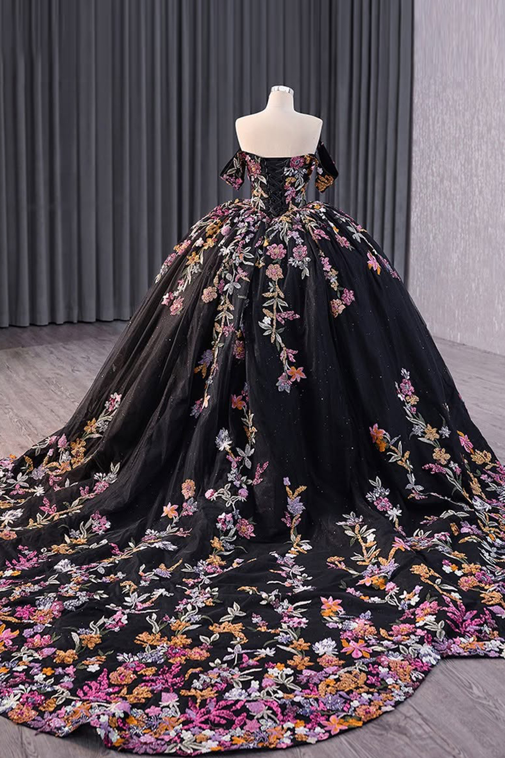 Black Off the Shoulder Princess Sequin Applique Quinceanera Dress with Embroidery