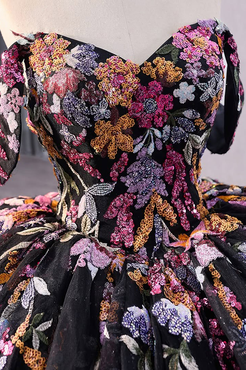 Black Off the Shoulder Princess Sequin Applique Quinceanera Dress with Embroidery