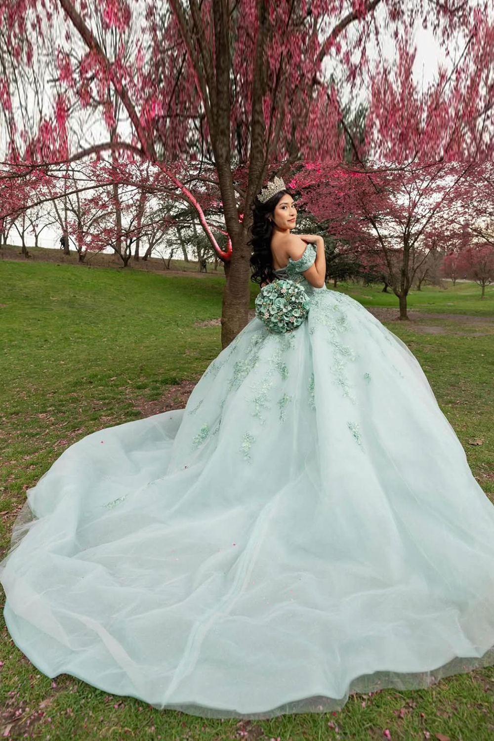 Princess Green Ball Gown Off the Shoulder Tulle Quinceanera Dress with Floral Appliques