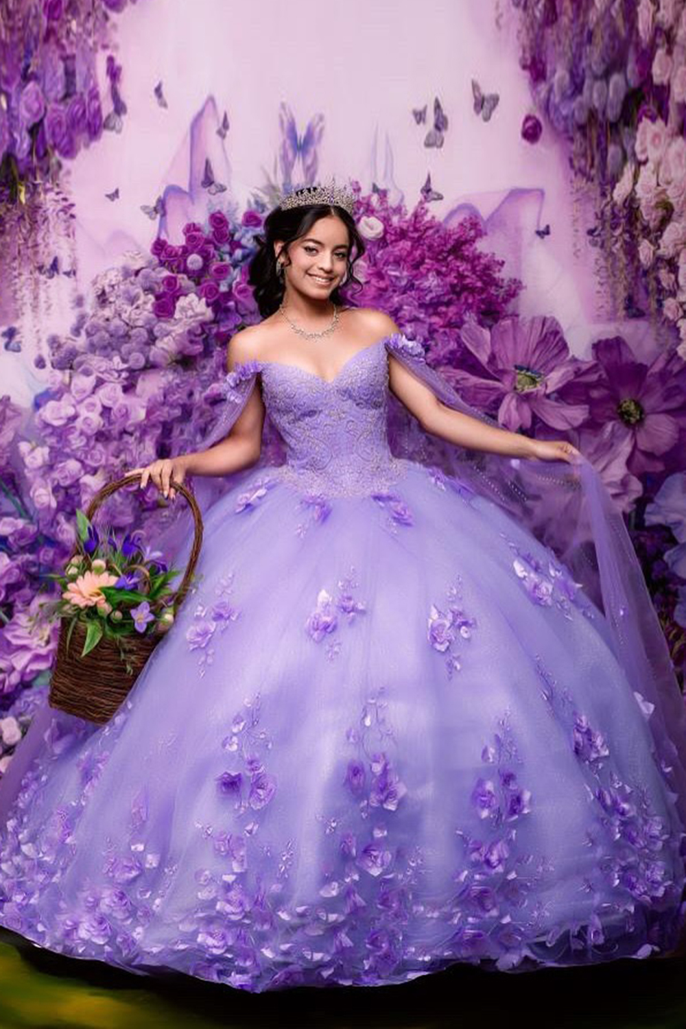 Princess Lavender Ball Gown Off the Shoulder Tulle Quinceanera Dress with Appliques