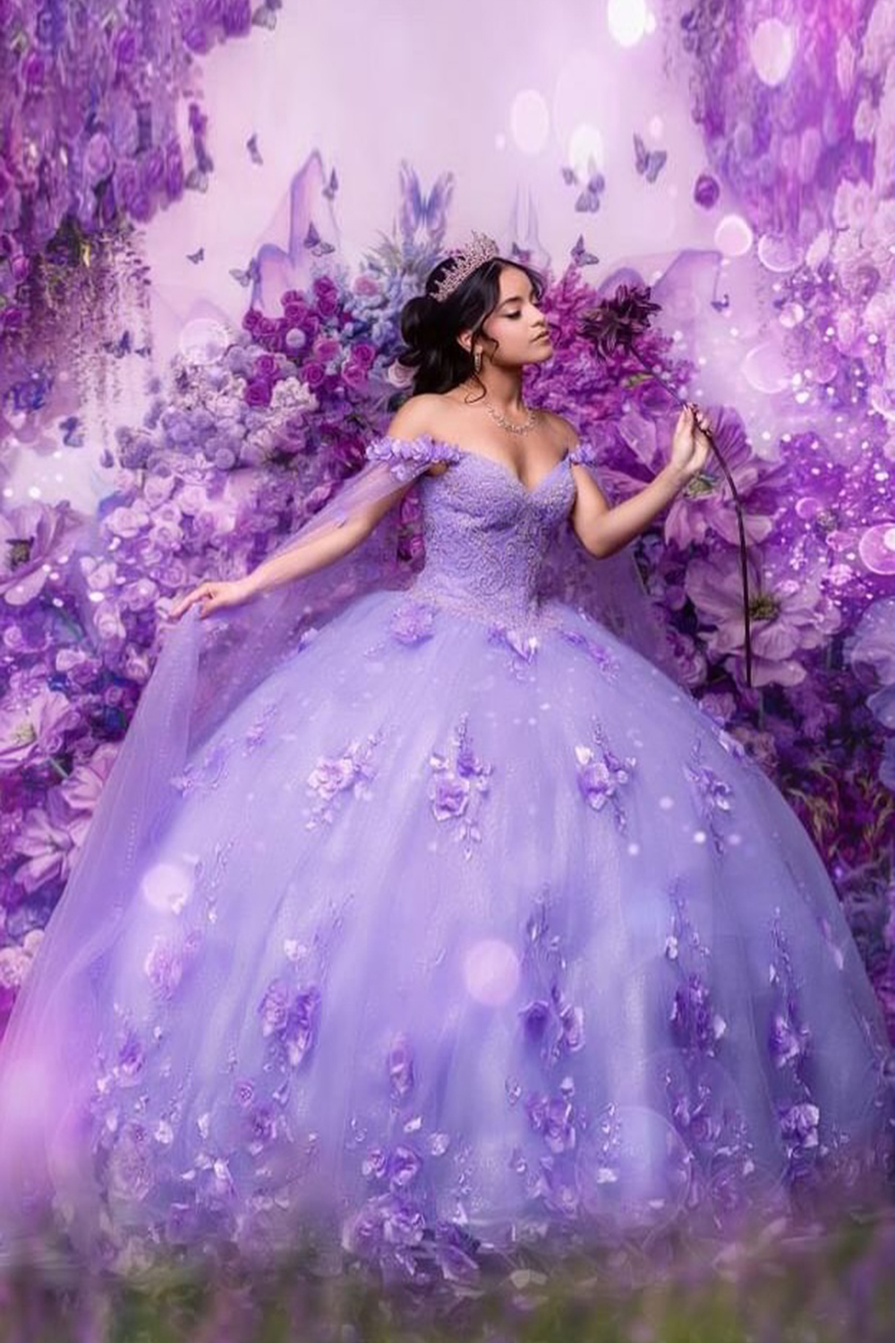 Princess Lavender Ball Gown Off the Shoulder Tulle Quinceanera Dress with Appliques