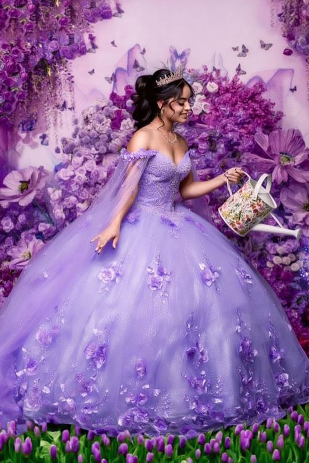 Princess Lavender Ball Gown Off the Shoulder Tulle Quinceanera Dress with Appliques