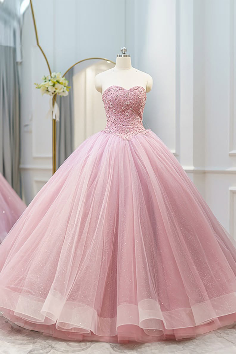 Sparkly Candy Pink Ball Gown Strapless Tulle Quinceanera Dress