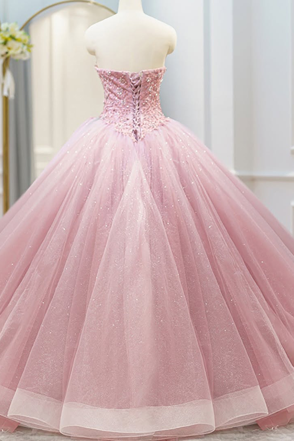 Sparkly Candy Pink Ball Gown Strapless Tulle Quinceanera Dress