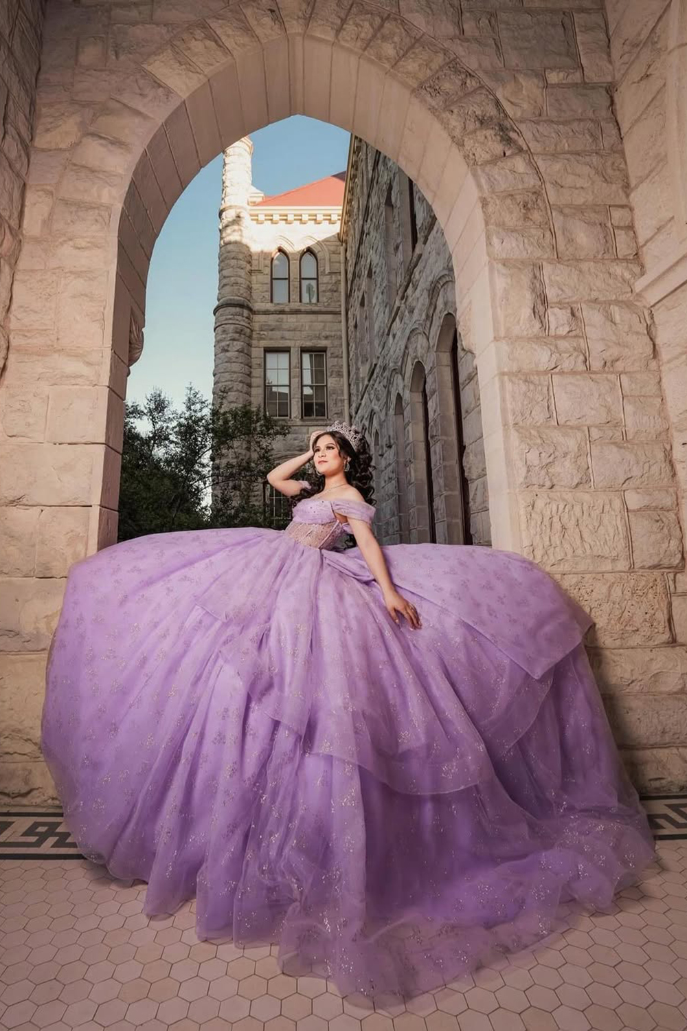 Glitter Lavender Off the Shoulder Ball Gown Applique Corset Quinceanera Dress