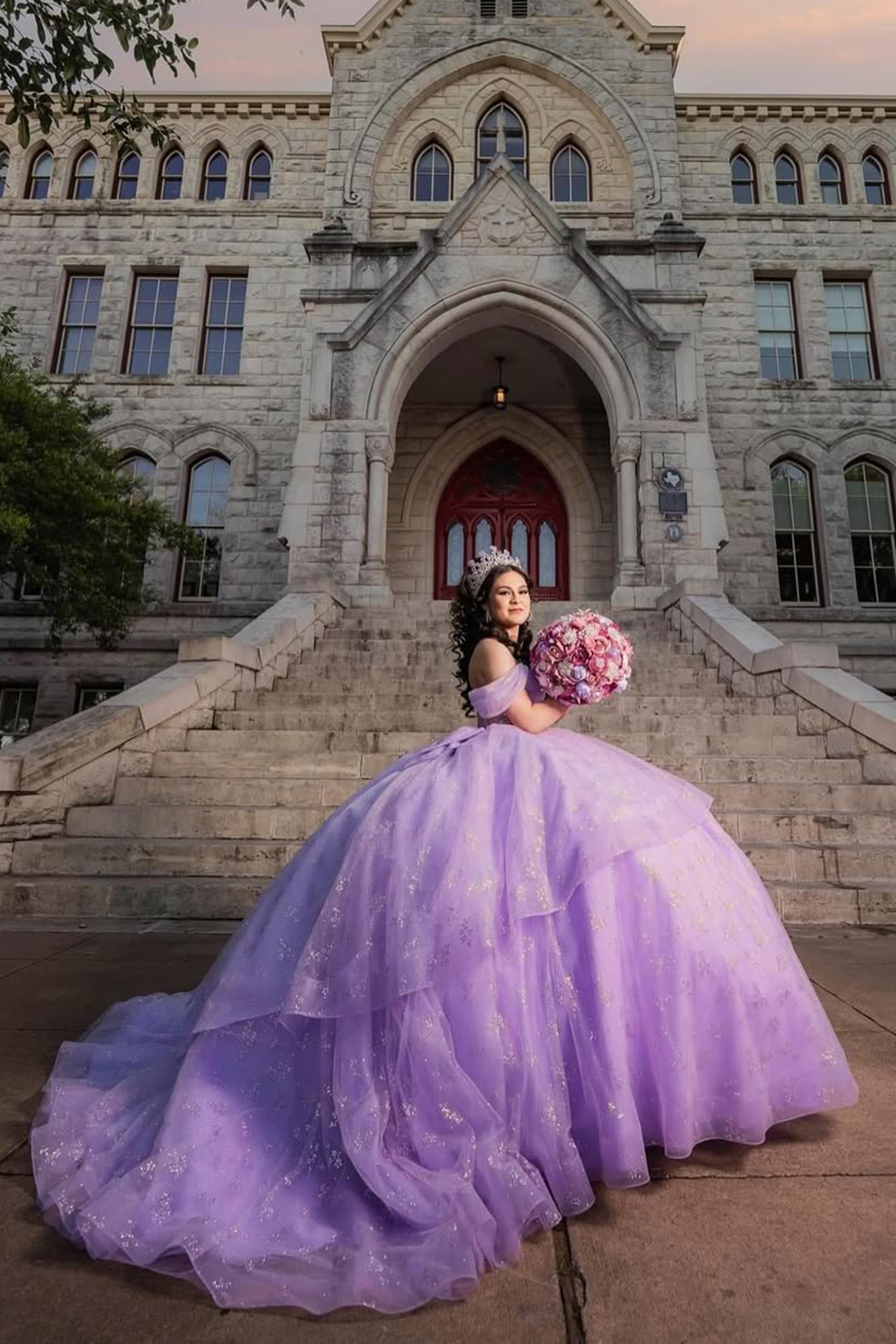 Glitter Lavender Off the Shoulder Ball Gown Applique Corset Quinceanera Dress