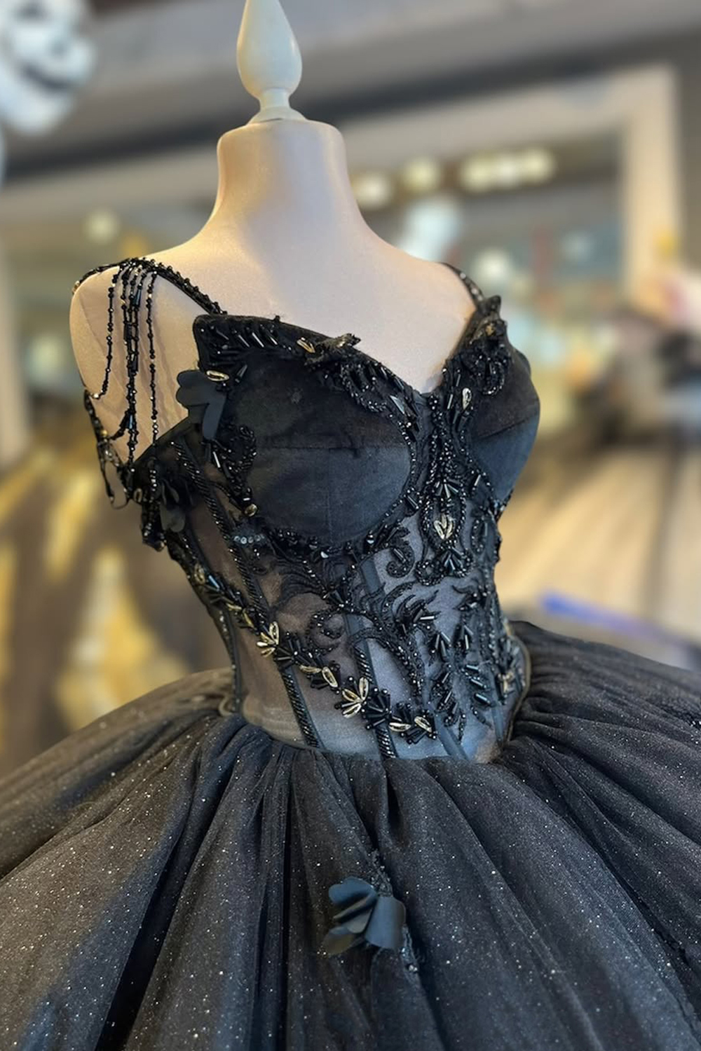 Sparkly Black Spaghetti Straps Princess Sequin Applique Quinceanera Dress