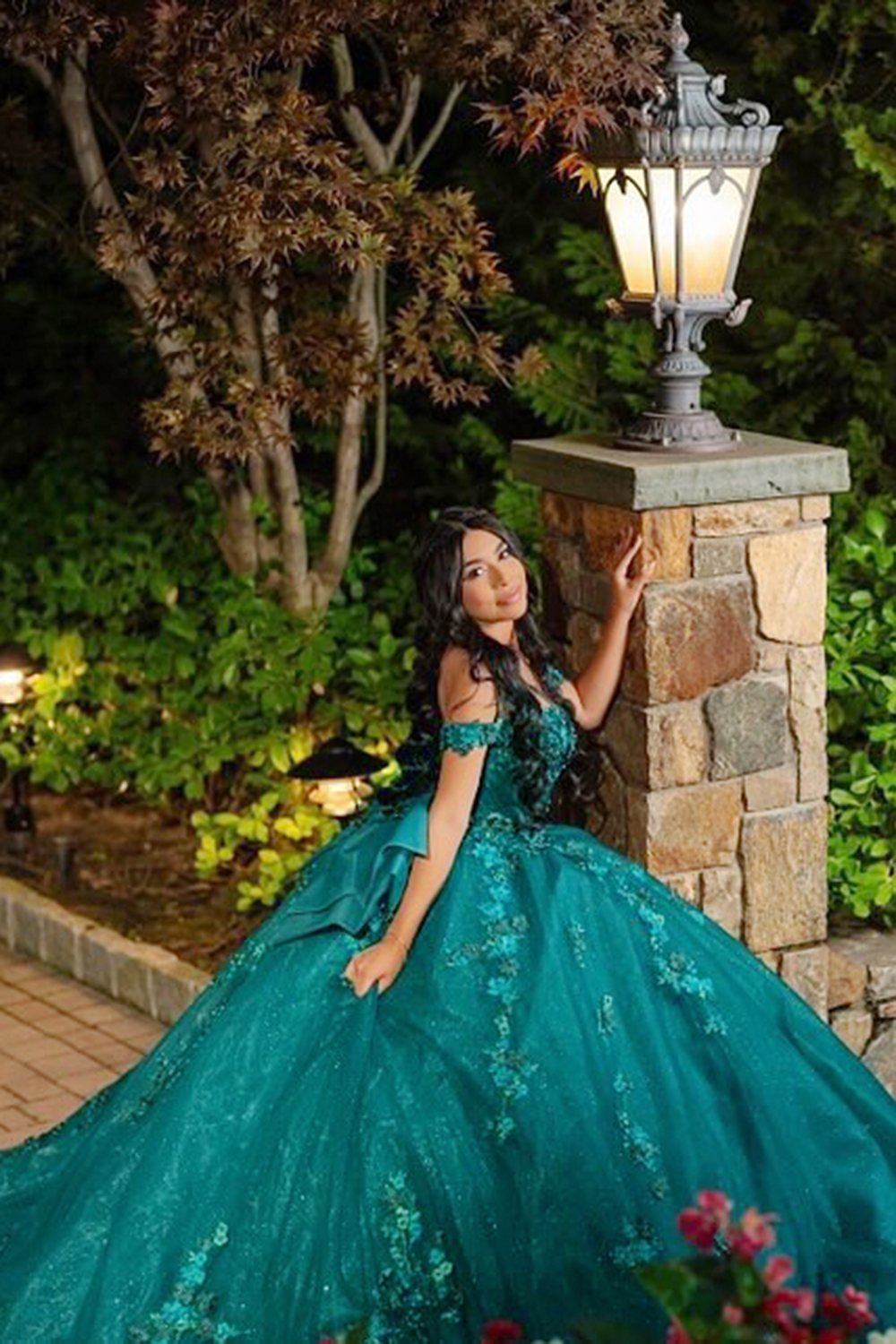 Peacock Green Off the Shoulder Ball Gown Tulle Applique Quinceanera Dress with Bow