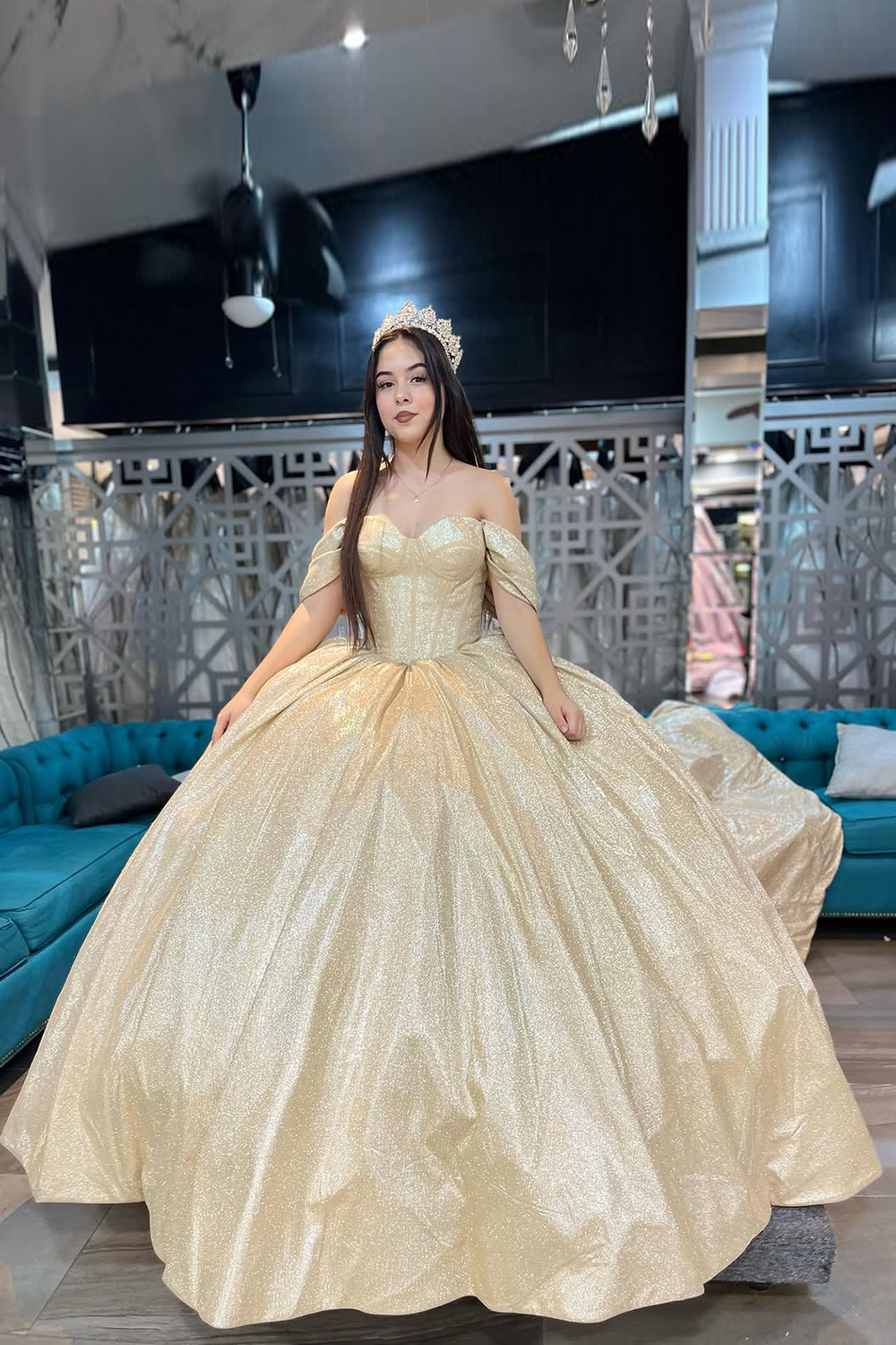 Sparkly Golden Ball Gown Off the Shoulder Quinceanera Dress with Train