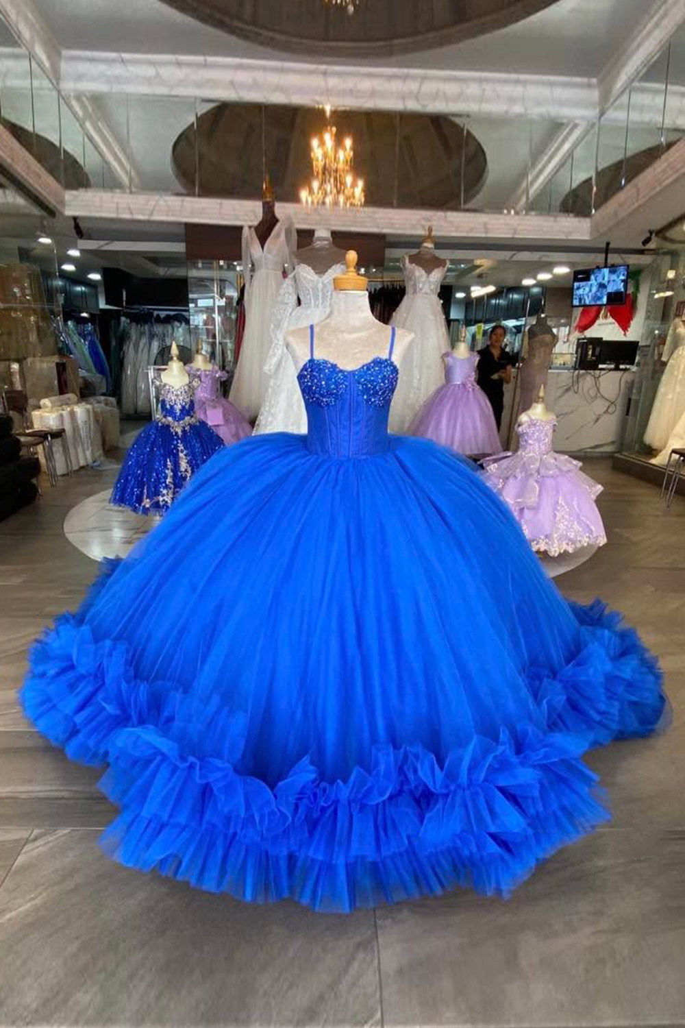 Royal Blue Tulle Ball Gown Spaghetti Straps Quinceanera Dress with Beading