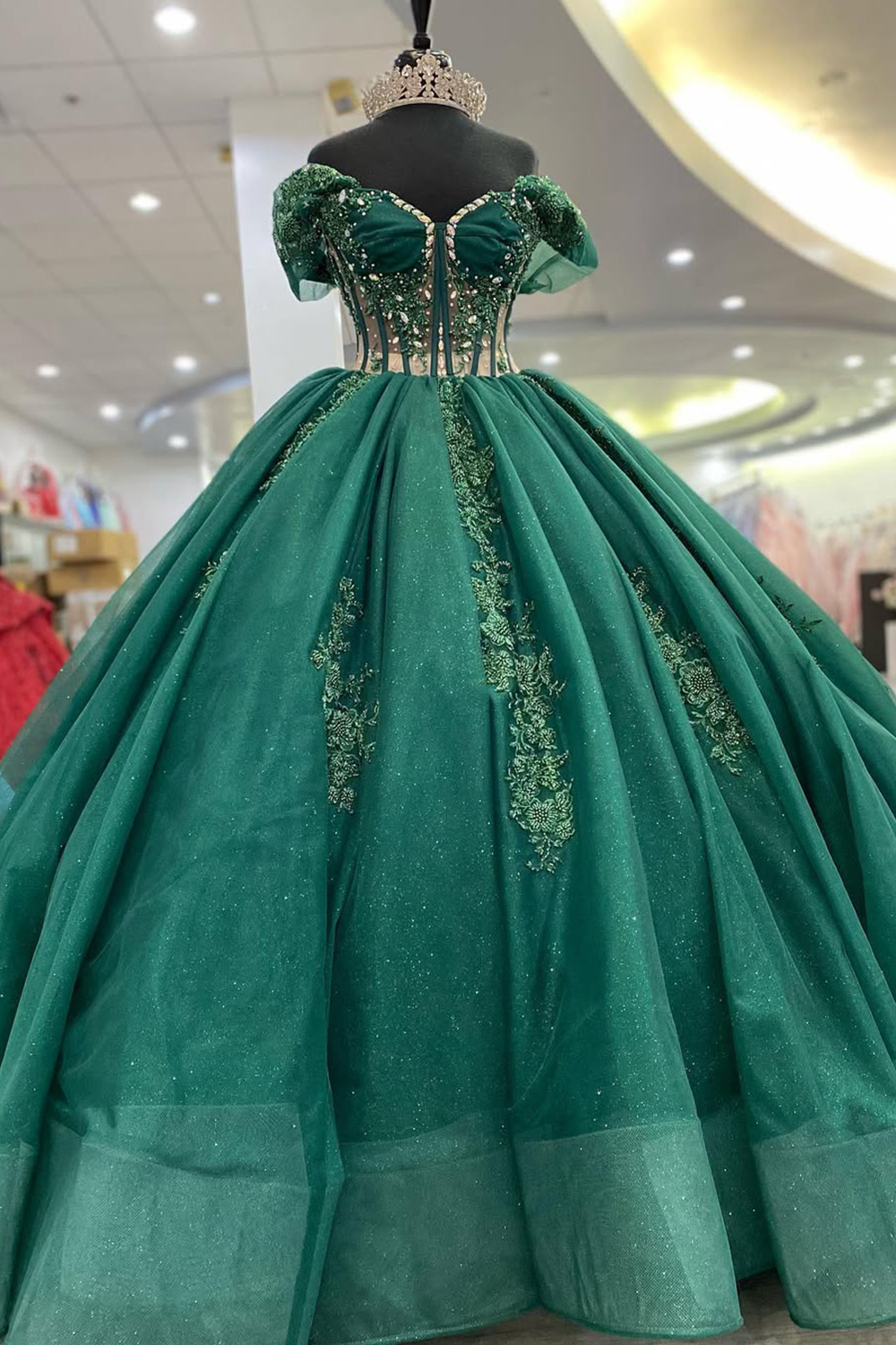 Pine Green Ball Gown Off the Shoulder Tulle Applique Quinceanera Dress