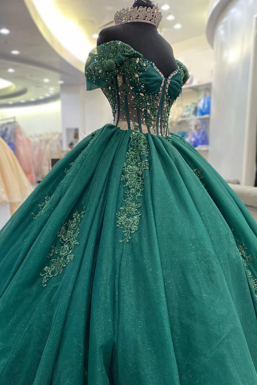 Pine Green Ball Gown Off the Shoulder Tulle Applique Quinceanera Dress
