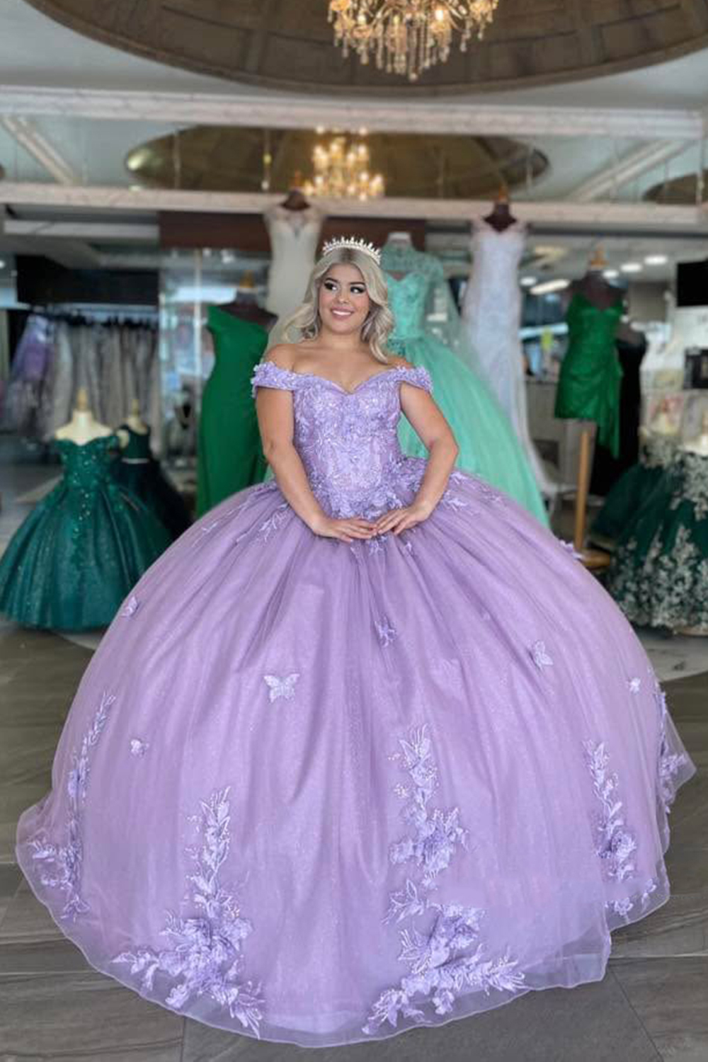Lilac Ball Gown Off the Shoulder Tulle Quinceanera Dress with Appliques