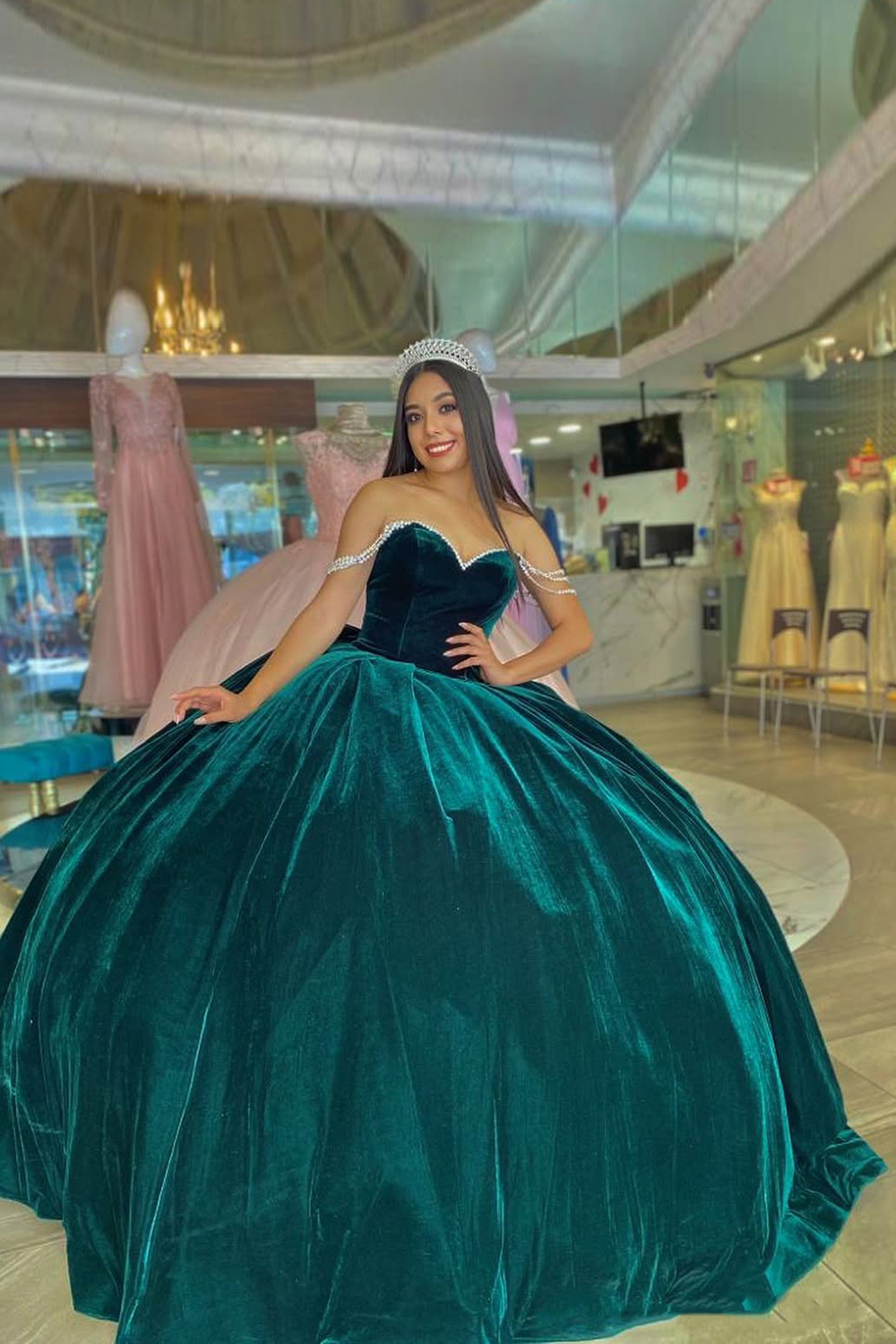 Peacock Green Off the Shoulder Ball Gown Velvet Quinceanera Dress with Bow