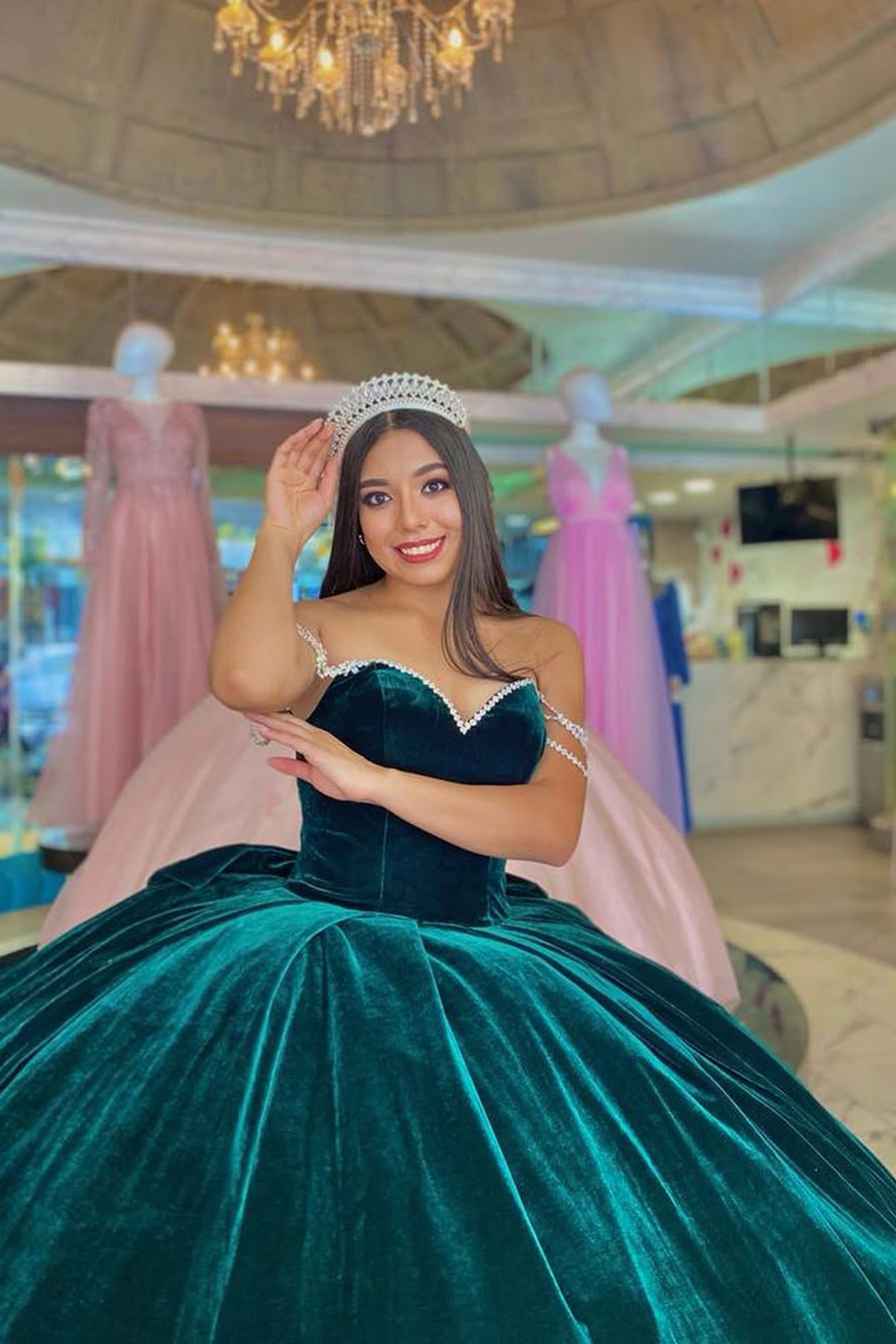 Peacock Green Off the Shoulder Ball Gown Velvet Quinceanera Dress with Bow