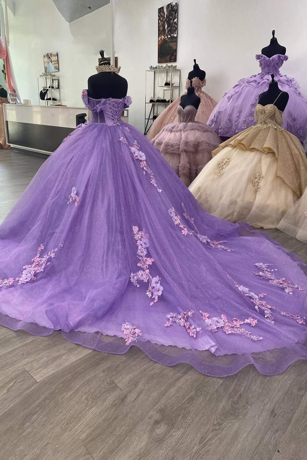 Lavender Off the Shoulder Ball Gown Applique Tulle Quinceanera Dress with Train