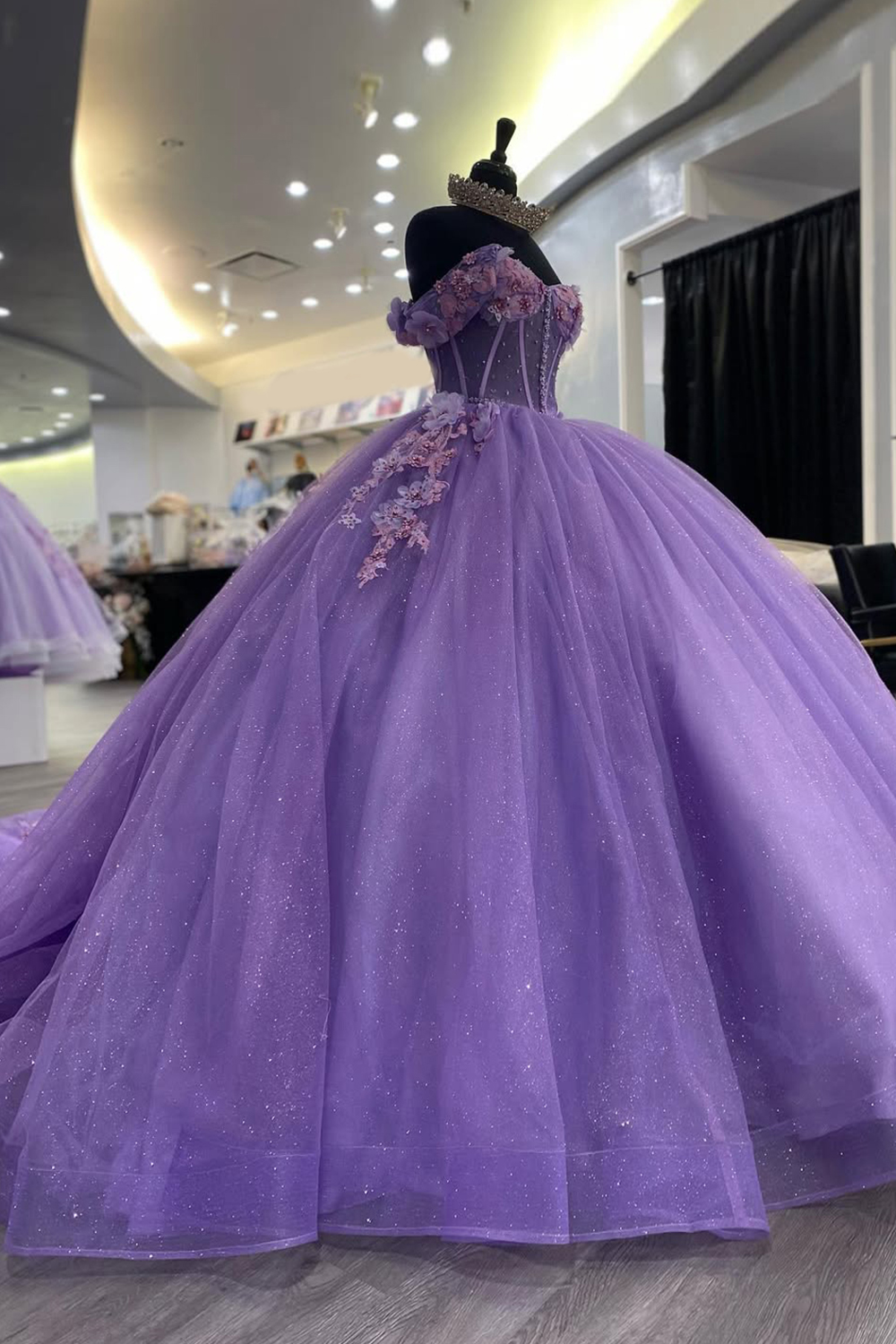Lavender Off the Shoulder Ball Gown Applique Tulle Quinceanera Dress with Train