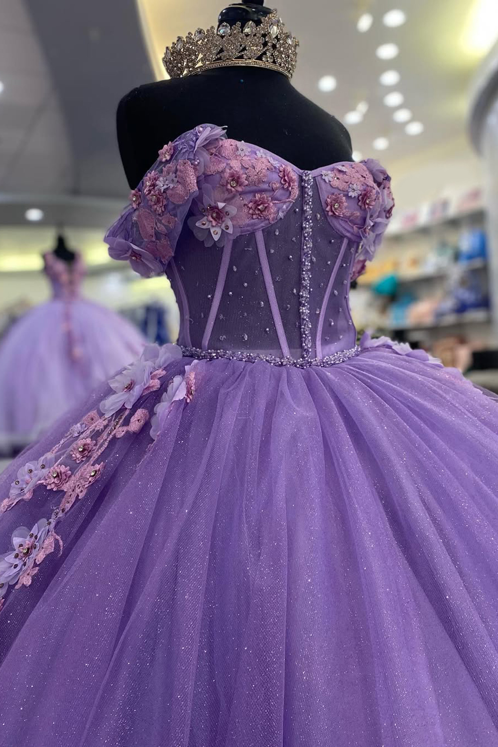 Lavender Off the Shoulder Ball Gown Applique Tulle Quinceanera Dress with Train