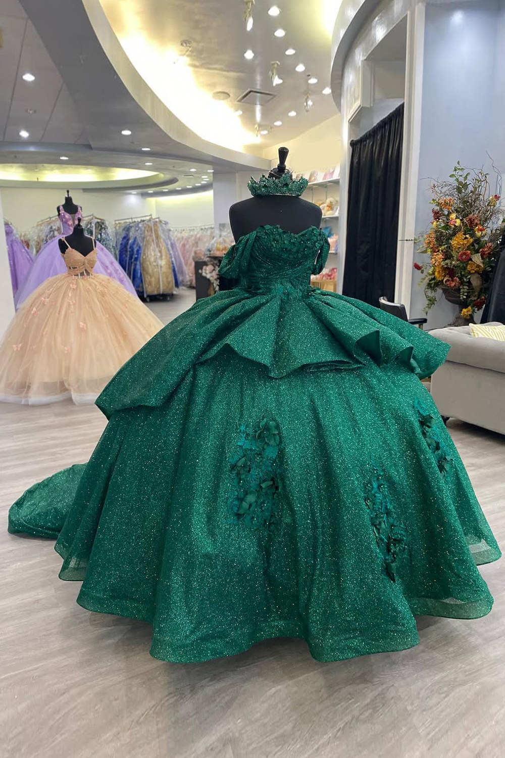 Sparkly Pine Green Off the Shoulder Ball Gown Tulle Applique Quinceanera Dress with Train