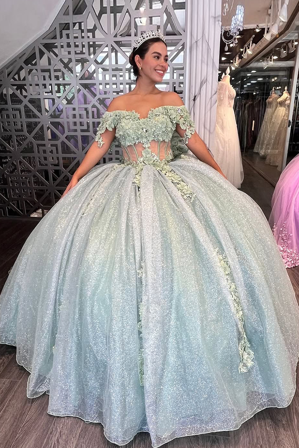 Sparkly Dusty Sage Off the Shoulder Ball Gown Applique Quinceanera Dress with Bow
