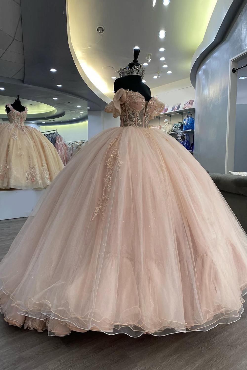 Blush Pink Off the Shoulder Tulle Ball Gown Quinceanera Dress with Appliques