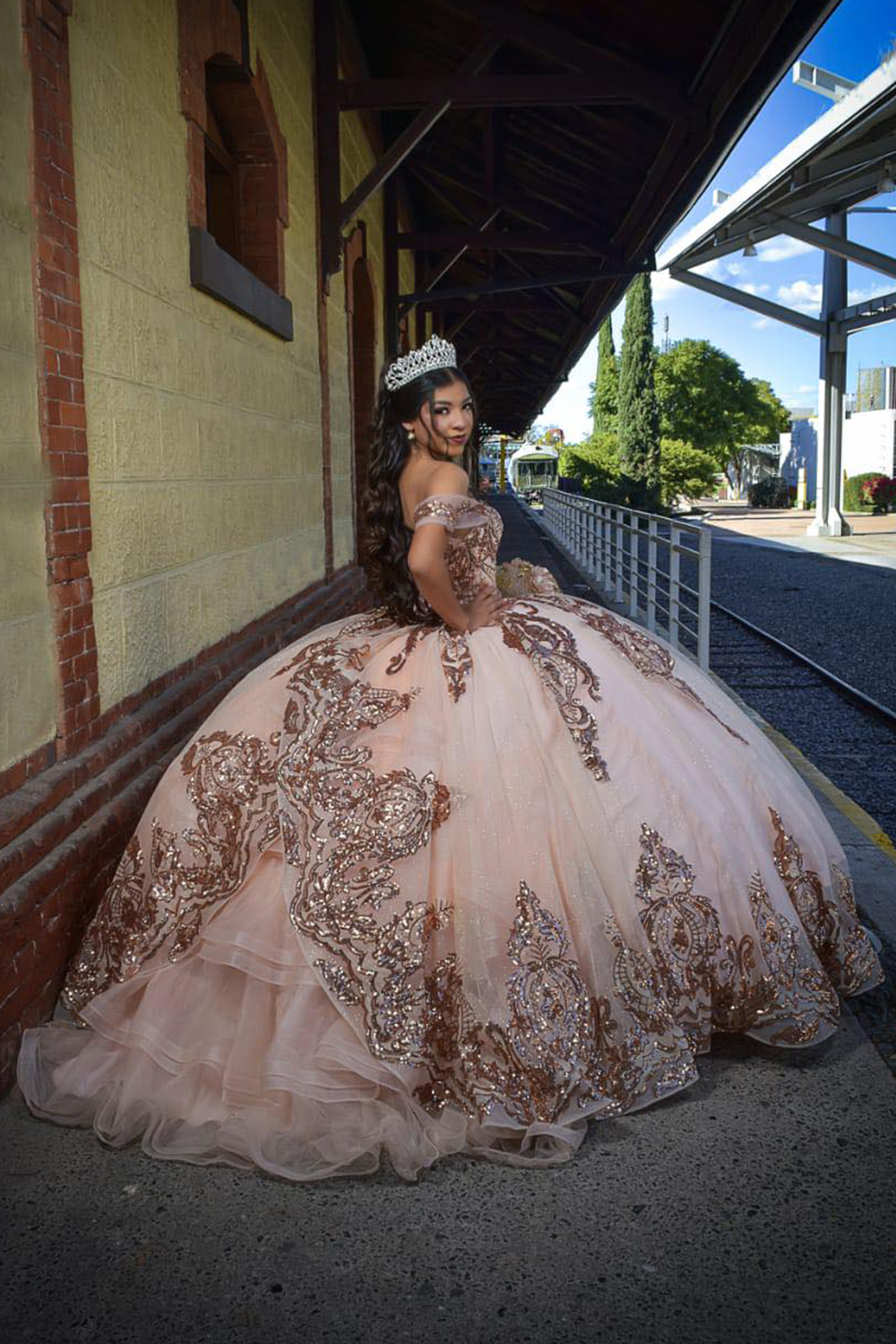Sparkly Gold Rose Ball Gown Off the Shoulder Tulle Quinceanera Dress with Appliques